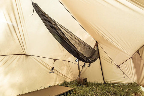 Interior view of Hot Tent With Stove Jack For Four Season Hammock Camping Gear 3000mm Waterproof Shelter showing hammock setup.