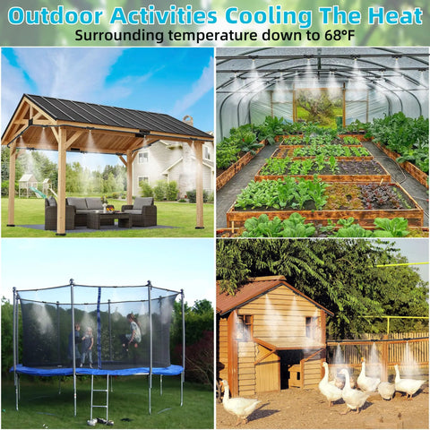 Outdoor Misting System for Patio and Garden Beat the Heat With 50 Ft Cooling Mist Kit in use on gazebo, greenhouse, trampoline, and yard