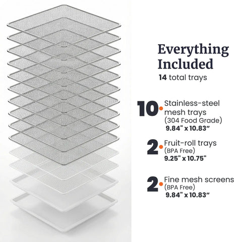 Amp Up Your Snack Game With This Solid 10 Tray Stainless Steel Digital Food Dehydrator featuring stainless-steel mesh and fruit-roll trays.