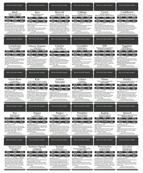Image showing labels of seed varieties included in the Survival Seed Vault For Beginners Starter Pack With 20k Heirloom And Non GMO Seeds 30 Easy To Grow Varieties Microgreen Grow Guide And Online Tips For Planting Harvesting And Seed Saving.