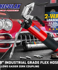 Heavy Duty 6000 PSI Grease Gun With Quick Release Coupler Pistol Grip Kit, 14 Oz Capacity, 18 Inch Flex Hose, red, next to car