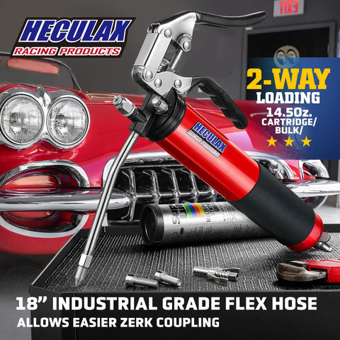 Heavy Duty 6000 PSI Grease Gun With Quick Release Coupler Pistol Grip Kit, 14 Oz Capacity, 18 Inch Flex Hose, red, next to car