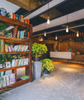 Interior with hanging Vintage Edison Style LED Filament Bulbs 2700K Soft White, wooden shelf and potted plants