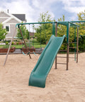 Outdoor Monkey Bar Adventure Swing Set With Three Belt Swings, Trapeze Bar With Gym Rings, Fireman Pole, Nine Foot Wavy Slide