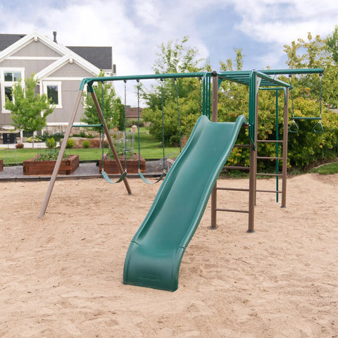 Outdoor Monkey Bar Adventure Swing Set With Three Belt Swings, Trapeze Bar With Gym Rings, Fireman Pole, Nine Foot Wavy Slide