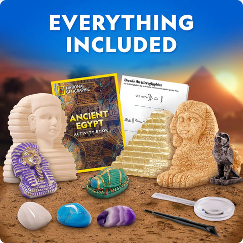 Ancient Egypt Dig Kit With Gems And Replica Artifacts For Hands On Archaeology Fun, Excavation Bricks Shaped Like Pyramid Sphinx And Pharaoh, Includes Three Real Gemstones And Three Detailed Artifacts, Learn Hieroglyphics And History with book and tools