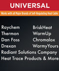 Universal tee and splice kit packaging showing compatibility with major self-regulating heat cable brands