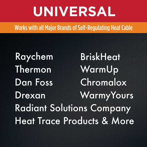 Universal tee and splice kit packaging showing compatibility with major self-regulating heat cable brands