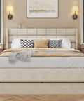 Sick King Size Lift Up Storage Platform Bed With Top Shelf Linen Wingback Headboard And Heavy Duty Noise Free Hydraulic Gas Lift For Huge Hidden Underbed Stash That Boosts Room Vibes In Beige, front view showcasing tufted linen headboard.