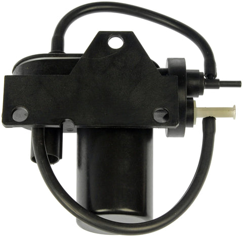 Front view of Dorman 904-214 vacuum pump, black plastic automotive part with mounting bracket and hoses.