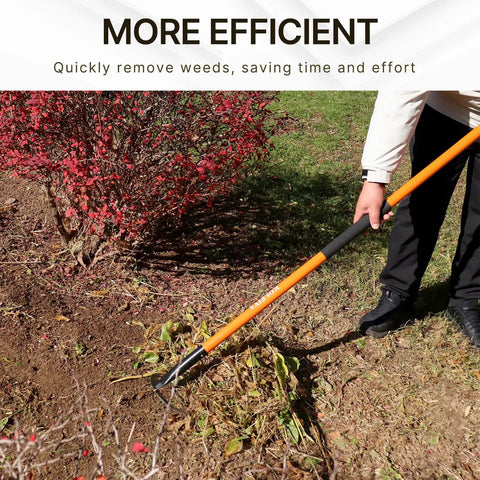 Person using Pre Sharpened Garden Hoe 57 Inch Heavy Duty Weeding Tool With 8.3 Inch Blade And Fiberglass Handle on garden