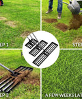 Beefy Lawn Leveling Rake With 7ft Steel Handle, leveling soil and topdressing steps 1-3 and lawn results after weeks