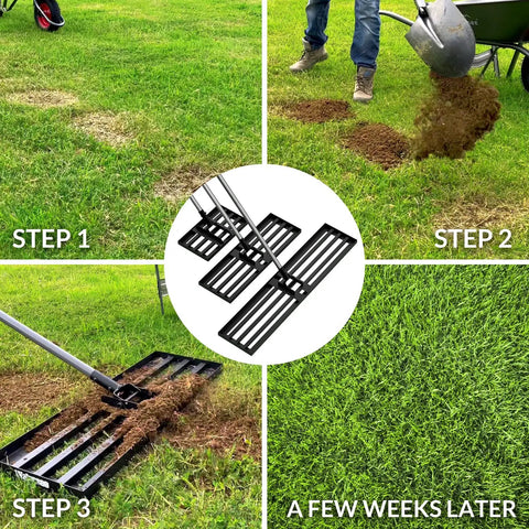 Beefy Lawn Leveling Rake With 7ft Steel Handle, leveling soil and topdressing steps 1-3 and lawn results after weeks