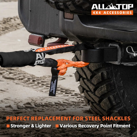 Beefed-Up Synthetic Soft Shackle And Recovery Ring Kit Two-Piece 1/2in By 22in Shackles on 4x4 truck for off-road recovery