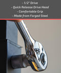 Close-up of 10 Inch Dual Direction Gear Ratchet With One Half Inch Drive Built Tough From Forged Chrome Vanadium Steel