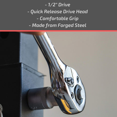 Close-up of 10 Inch Dual Direction Gear Ratchet With One Half Inch Drive Built Tough From Forged Chrome Vanadium Steel