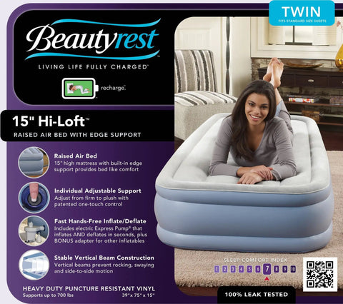 Person sitting on Twin Size Air Mattress With Vertical Beam Construction And Edge Support, External Pump, 15-inch height