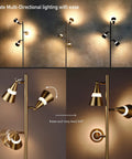 Ash 3-Head LED Tree Floor Lamp With Dimmable Lights, Multidirectional Swivel Heads, Antique Brass Finish shown illuminating room.