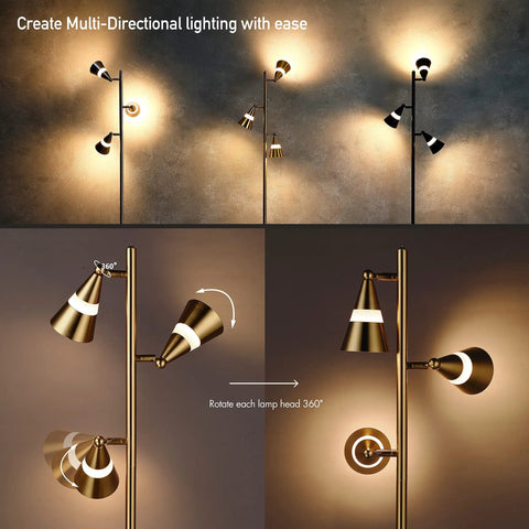 Ash 3-Head LED Tree Floor Lamp With Dimmable Lights, Multidirectional Swivel Heads, Antique Brass Finish shown illuminating room.