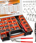 560 Pcs 22 Sizes 304 Stainless Steel Stepless Single Ear Hose Clamp Kit With Ear Clamp Pincer Tool For Fuel Line Automotive Industry And Home Plumbing Easy To Use, showing organized clamps and tools in a box