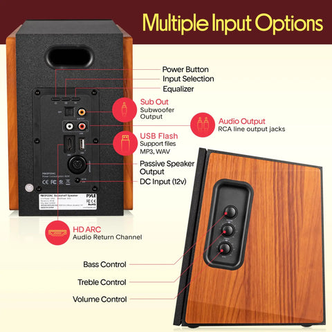Back panel inputs and controls on Powered Bookshelf Speakers With Bluetooth, 80W RMS, Bass Reflex Natural Wood Cabinet.