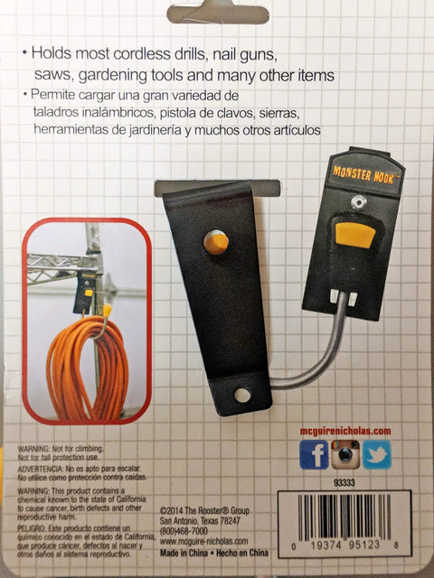 Monster Hook Tool Holder for Cordless Drills, Nail Guns, Saws and More packaging showing usage and specifications.