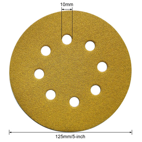 Close-up of Dustless Sanding Discs Set 50 Pcs 5 Inch 8 Hole Round Sandpaper, highlighting hole and size measurements.