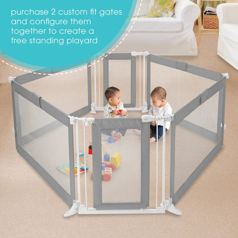 Custom Fit Walk-Thru Extra Wide Baby Gate For Openings 65 To 141 Inches, 30-Inch Tall, Hardware Mounted, forming a playard