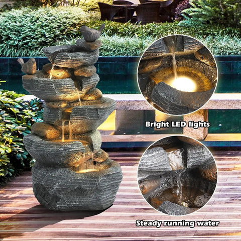 Outdoor Cascading Five Tier Rock Water Fountain With Four LED Lights For Garden Patio Yard And Deck Decor Waterfall Feature