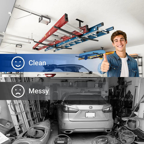 2 Pack Double Arm Overhead Ladder Rack For Garage Ceiling Storage in clean organized garage with happy man