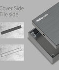 36 Inch Linear Shower Drain With Tile Insert In Moris Grey Stainless Steel, 2-In-1 Panel, cover and tile side view