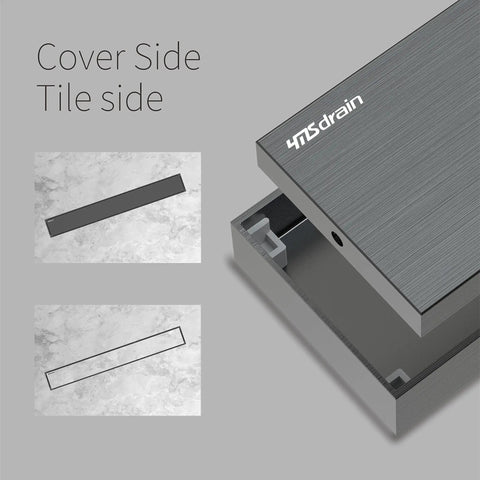 36 Inch Linear Shower Drain With Tile Insert In Moris Grey Stainless Steel, 2-In-1 Panel, cover and tile side view