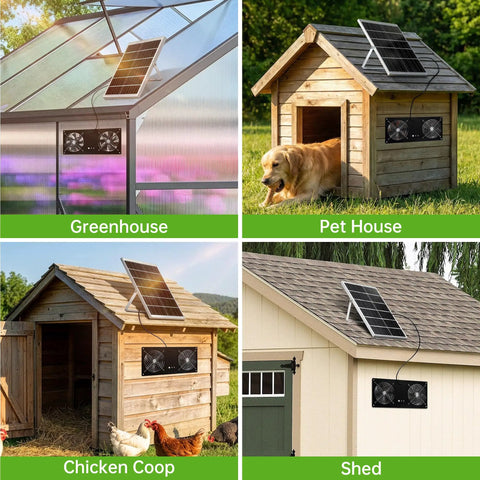 Solar Powered Dual Exhaust Fans For Chicken Coops With 18000mAh Battery And Two Timers, Delivers All Day No Fuss Cooling Breeze And Around The Clock Strong Airflow For Greenhouses, Dog Houses, Attics, Sheds And Cabins