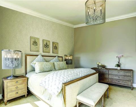 Bedroom with accent wall painted in Warm Silver Metallic Paint 1 Gal Satin Finish, Water Based Decorative for Interiors.