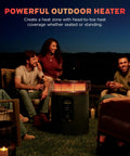 People sitting around a propane fire pit and outdoor heater with three modes flame and heat for patio deck or camping, glowing at night.
