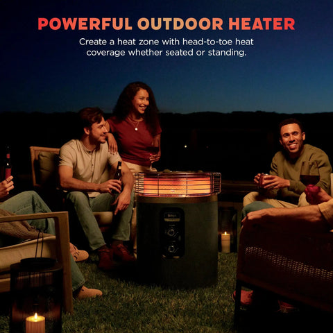 People sitting around a propane fire pit and outdoor heater with three modes flame and heat for patio deck or camping, glowing at night.
