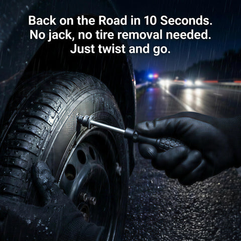 Emergency Tire Repair Screws For Tubeless Tires Quick Plug Kit sealing leak in tire, no removal, works on rainy night road.