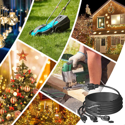 Collage of outdoor use for 40ft outdoor extension cord splitter with triple outlets, perfect for garden lights and Christmas decor.