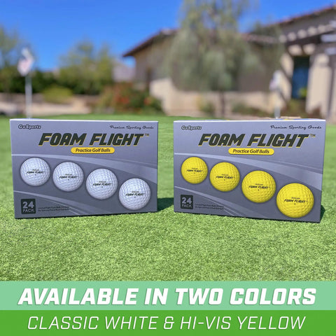 Foam Flight Practice Golf Balls 24 Pack Yellow and White on grass, safe backyard practice, realistic feel and spin, max 110 yards