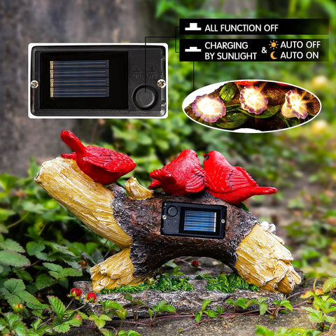 Cardinal Garden Statue With Solar Lights Outdoor Memorial Figurine on log showing solar panel and LED lights in garden setting