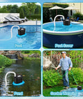 850 GPH Submersible Pool Cover Pump with 30 Inch Power Cord draining water from a pool, garden, and pond in different settings