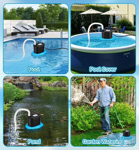 850 GPH Submersible Pool Cover Pump with 30 Inch Power Cord draining water from a pool, garden, and pond in different settings