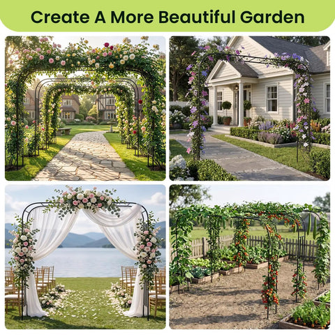 Versatile Garden Arch Trellis 126 By 94.5 Inches in garden settings with flowers, rust-proof PE coated metal arbors for outdoor use
