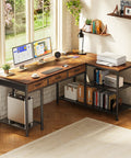 55 Inch L Shaped Desk With Power Outlets, USB Port And Type C Port in home office setup, rustic brown finish, corner view.