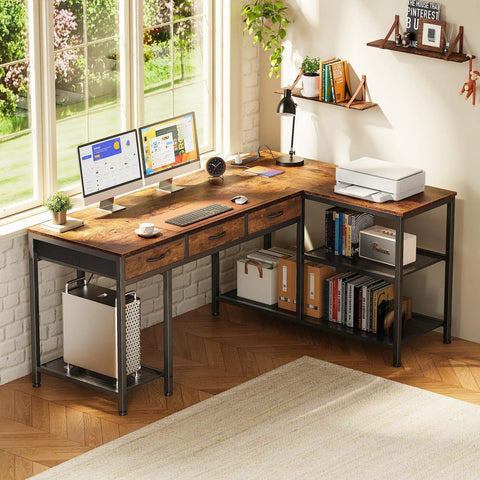 55 Inch L Shaped Desk With Power Outlets, USB Port And Type C Port in home office setup, rustic brown finish, corner view.