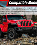 Red jeep on rocky terrain demonstrating compatibility with 45 Piece Engine Under Cover Splash Shield All-In-One Fastener Kit