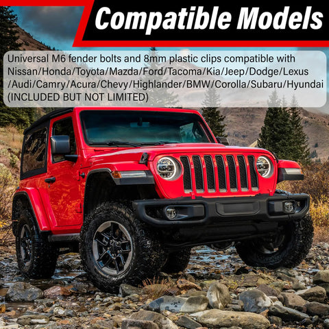 Red jeep on rocky terrain demonstrating compatibility with 45 Piece Engine Under Cover Splash Shield All-In-One Fastener Kit