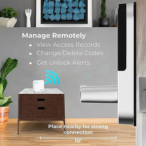 Smooth Sailing Dual Band WiFi Gateway For Smart Door Locks Featuring Instant App Sync And Alexa Hook Up Effortlessly Control Multiple Locks From Anywhere Reliable Smart Home Essential Gear on a table near a door.