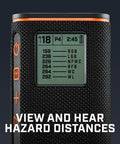Close-up of Wingman View Golf Speaker With GPS Yardage And Hazard Alerts On Course LCD Screen displaying hazard distances.