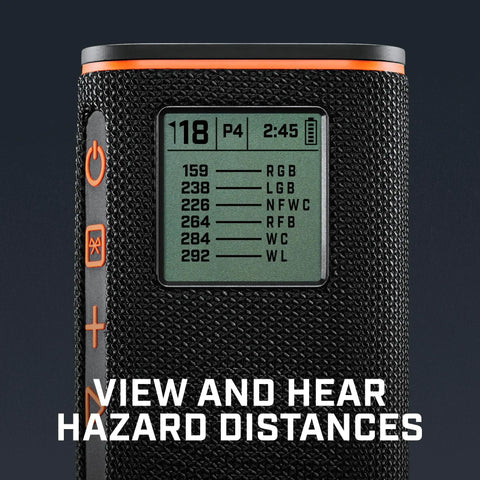 Close-up of Wingman View Golf Speaker With GPS Yardage And Hazard Alerts On Course LCD Screen displaying hazard distances.